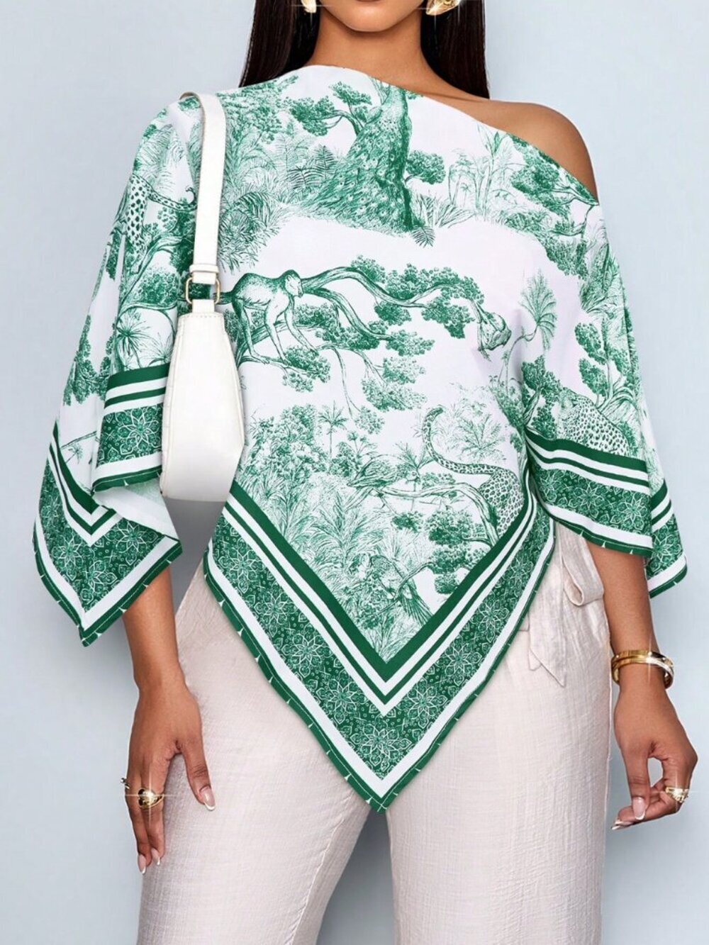 Dark Green Boho Women's Asymmetric Neck Batwing Sleeve Blouse with Sunset Print